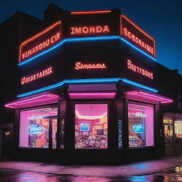 A vibrant boutique framed by bright neon lights, showcasing the vivid and dazzling colors against the night sky.