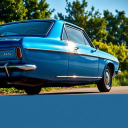 A stunning blue Leman Opala SS classic car, parked on a scenic road with vibrant greenery in the background