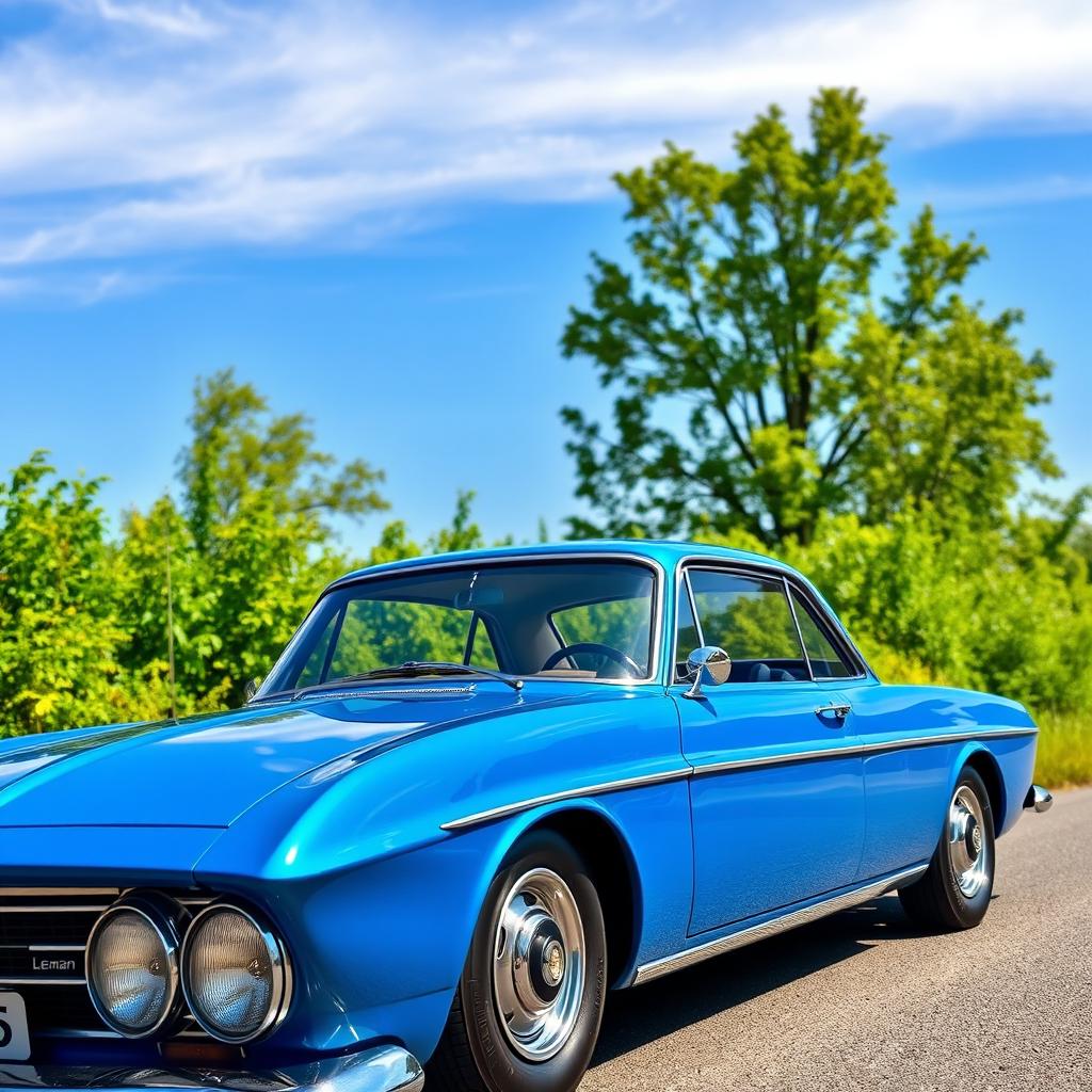 A stunning blue Leman Opala SS classic car, parked on a scenic road with vibrant greenery in the background