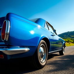 A stunning blue Leman Opala SS classic car, parked on a scenic road with vibrant greenery in the background