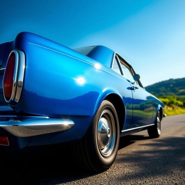 A stunning blue Leman Opala SS classic car, parked on a scenic road with vibrant greenery in the background