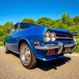 A stunning blue Leman Opala SS classic car, parked on a scenic road with vibrant greenery in the background