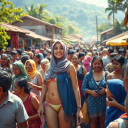 A vibrant and colorful scene depicting a dense crowd in a lively village setting, featuring a woman confidently wearing a hijab paired with a small bikini