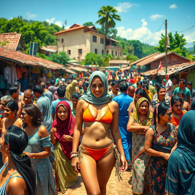 A vibrant and colorful scene depicting a dense crowd in a lively village setting, featuring a woman confidently wearing a hijab paired with a small bikini