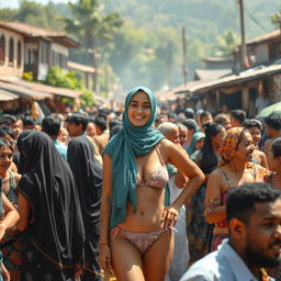 A vibrant and colorful scene depicting a dense crowd in a lively village setting, featuring a woman confidently wearing a hijab paired with a small bikini
