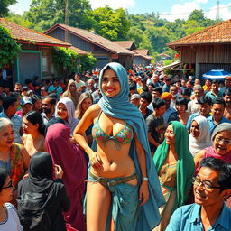 A vibrant and colorful scene depicting a dense crowd in a lively village setting, featuring a woman confidently wearing a hijab paired with a small bikini