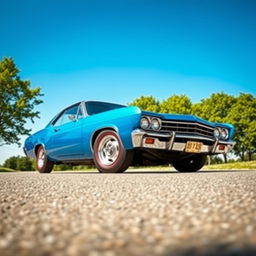 A beautiful blue Leman Opala SS classic car, prominently displayed under a clear blue sky