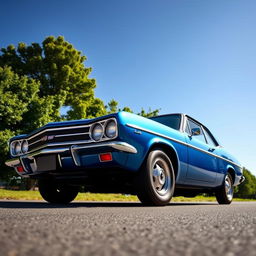 A beautiful blue Leman Opala SS classic car, prominently displayed under a clear blue sky