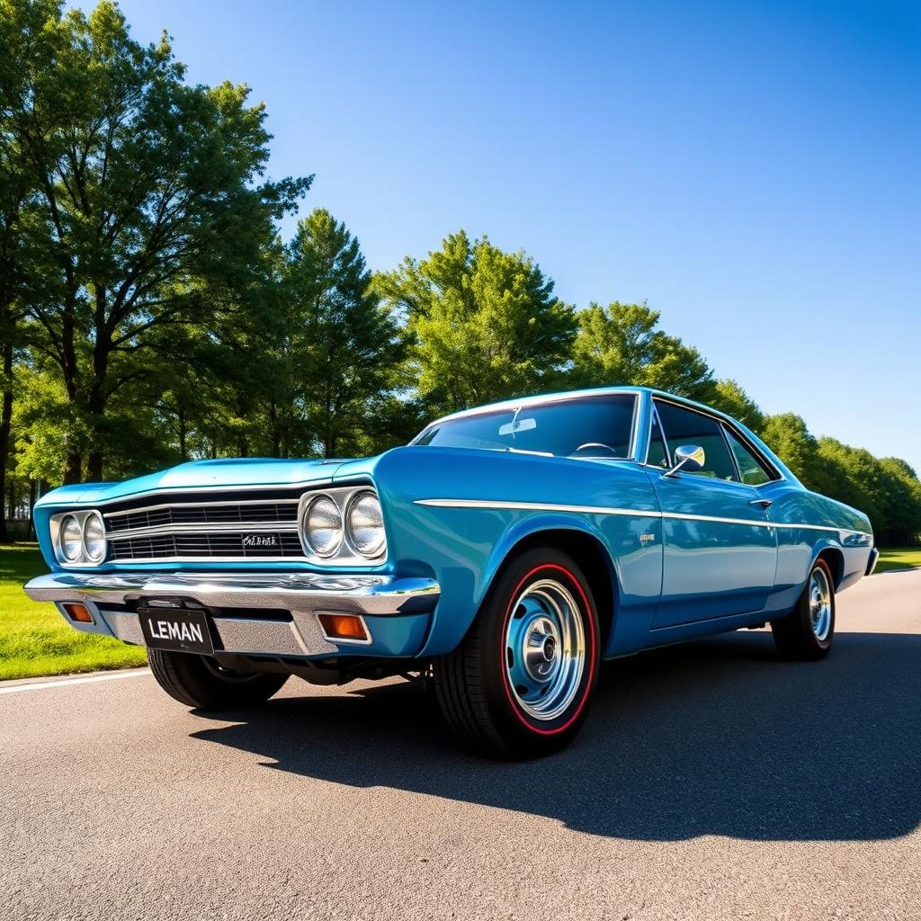 A beautiful blue Leman Opala SS classic car, prominently displayed under a clear blue sky