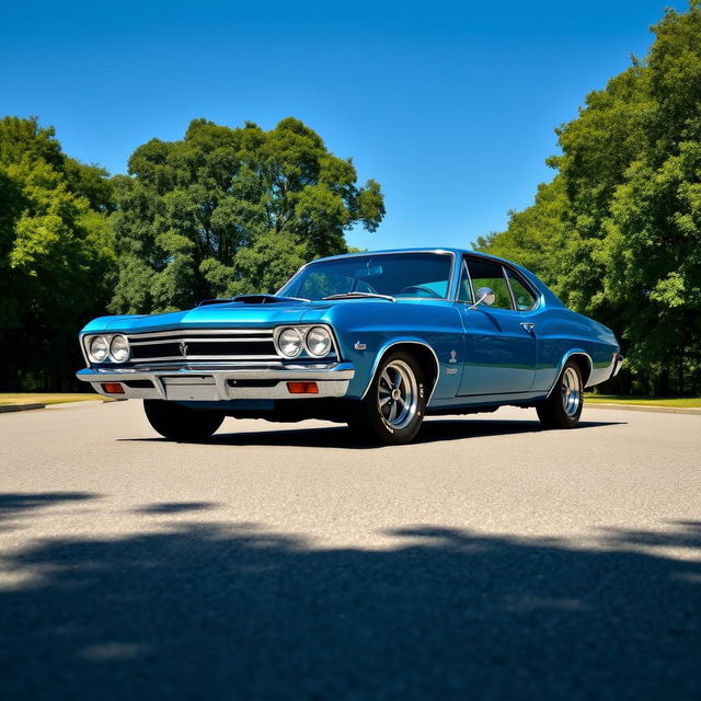 A beautiful blue Leman Opala SS classic car, prominently displayed under a clear blue sky