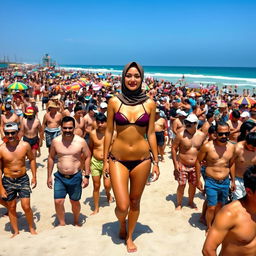 A vibrant beach scene featuring a diverse crowd of males in summer attire, while a woman wearing a hijab is confidently standing out in a stylish bikini