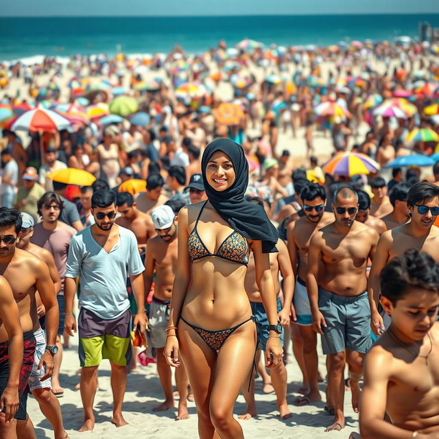 A vibrant beach scene featuring a diverse crowd of males in summer attire, while a woman wearing a hijab is confidently standing out in a stylish bikini