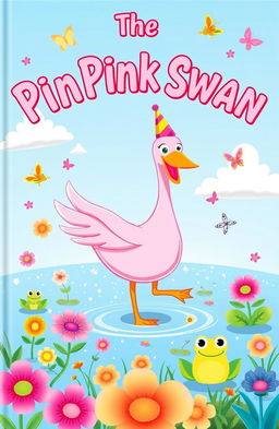A whimsical book cover for a fantasy comedy titled 'The Pink Swan', featuring a vibrant pink swan dancing joyfully on a sparkling lake surrounded by colorful flowers and playful creatures like frogs and butterflies