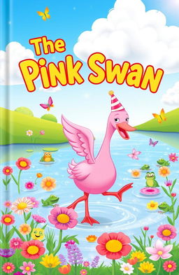 A whimsical book cover for a fantasy comedy titled 'The Pink Swan', featuring a vibrant pink swan dancing joyfully on a sparkling lake surrounded by colorful flowers and playful creatures like frogs and butterflies