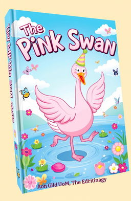 A whimsical book cover for a fantasy comedy titled 'The Pink Swan', featuring a vibrant pink swan dancing joyfully on a sparkling lake surrounded by colorful flowers and playful creatures like frogs and butterflies
