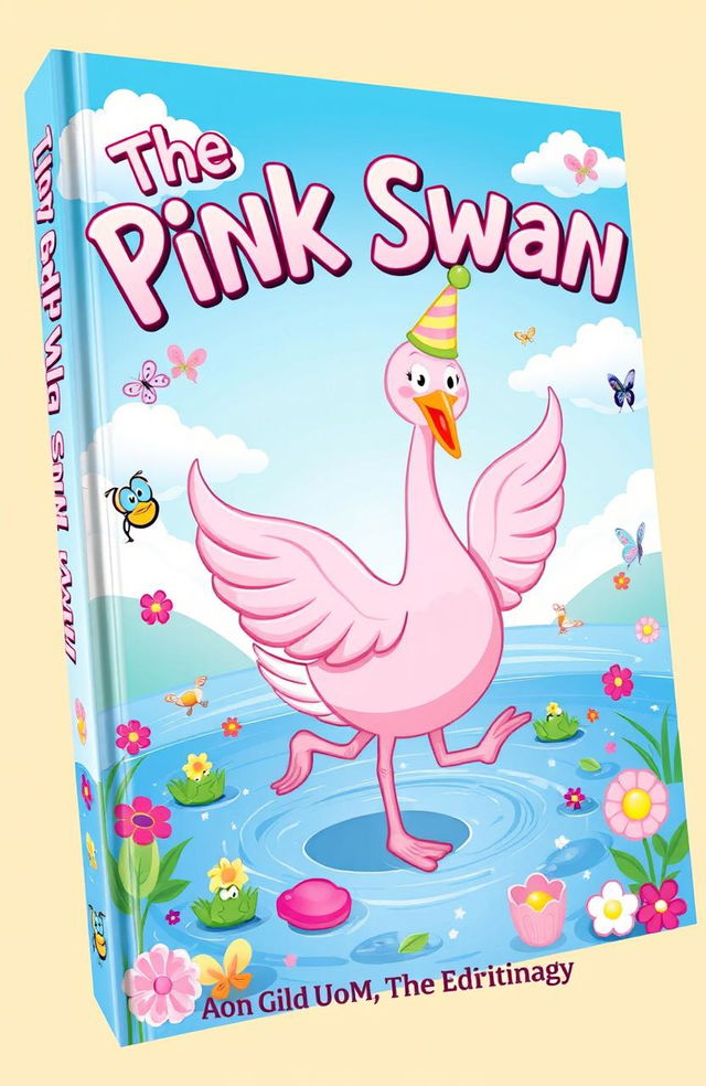 A whimsical book cover for a fantasy comedy titled 'The Pink Swan', featuring a vibrant pink swan dancing joyfully on a sparkling lake surrounded by colorful flowers and playful creatures like frogs and butterflies