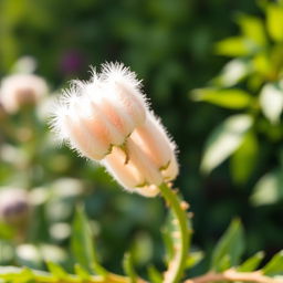A beautiful, close-up view of a delicate flower resembling a pussy willow, with soft, fluffy catkins and vibrant green foliage surrounding it