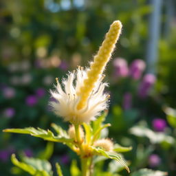 A beautiful, close-up view of a delicate flower resembling a pussy willow, with soft, fluffy catkins and vibrant green foliage surrounding it