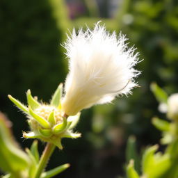 A beautiful, close-up view of a delicate flower resembling a pussy willow, with soft, fluffy catkins and vibrant green foliage surrounding it