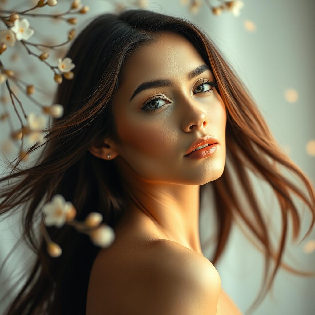 A captivating portrait of an elegant woman, showcasing her natural beauty in a soft and serene setting