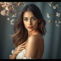 A captivating portrait of an elegant woman, showcasing her natural beauty in a soft and serene setting