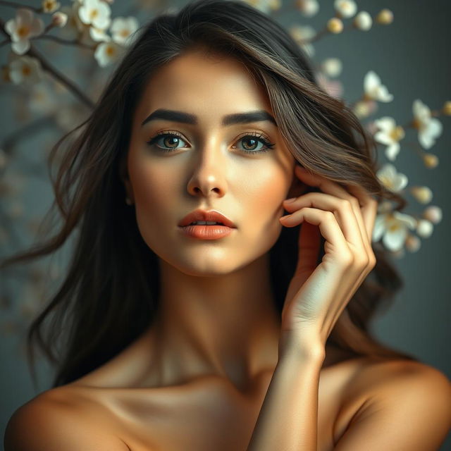 A captivating portrait of an elegant woman, showcasing her natural beauty in a soft and serene setting