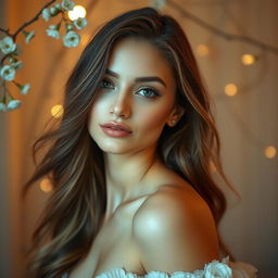 A captivating portrait of an elegant woman, showcasing her natural beauty in a soft and serene setting