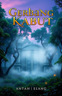 A mystical book cover for a novel titled 'Gerbang Kabut', featuring an ethereal fog enveloping an ancient, ornate gateway in a dense, enchanted forest