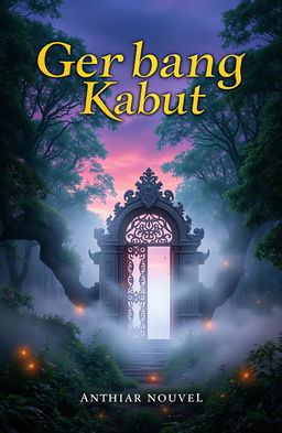 A mystical book cover for a novel titled 'Gerbang Kabut', featuring an ethereal fog enveloping an ancient, ornate gateway in a dense, enchanted forest