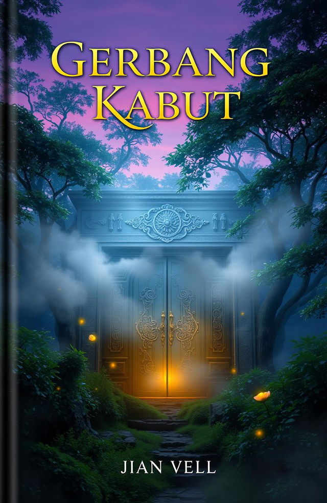 A mystical book cover for a novel titled 'Gerbang Kabut', featuring an ethereal fog enveloping an ancient, ornate gateway in a dense, enchanted forest