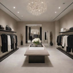 An interior view of an upscale boutique, the result of a collaboration between designers Pattybelt and Praddajay, featuring their signature pieces in a sleek, modern setting.