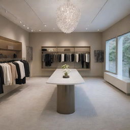 An interior view of an upscale boutique, the result of a collaboration between designers Pattybelt and Praddajay, featuring their signature pieces in a sleek, modern setting.