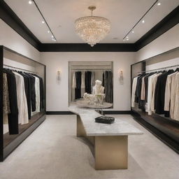 An interior view of an upscale boutique, the result of a collaboration between designers Pattybelt and Praddajay, featuring their signature pieces in a sleek, modern setting.