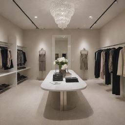 An interior view of an upscale boutique, the result of a collaboration between designers Pattybelt and Praddajay, featuring their signature pieces in a sleek, modern setting.