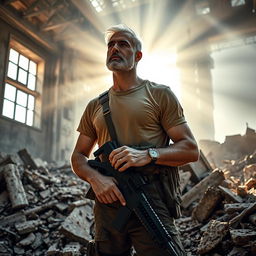 A tall and thin soldier wearing a light brown t-shirt and military uniform, with a wristwatch on his arm