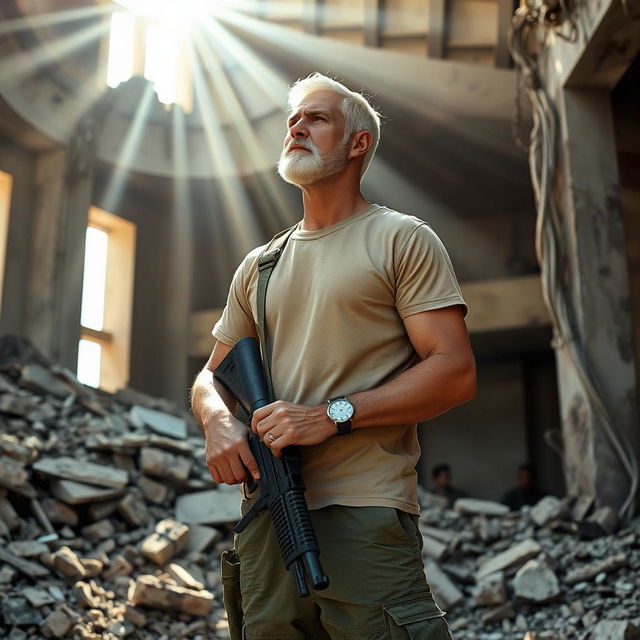 A tall and thin soldier wearing a light brown t-shirt and military uniform, with a wristwatch on his arm