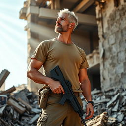 A tall and thin soldier wearing a light brown t-shirt and military uniform, with a wristwatch on his arm