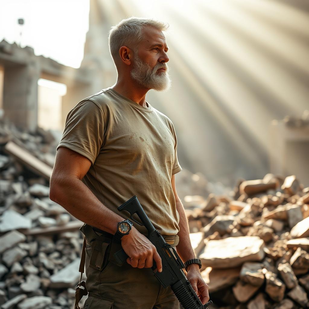 A tall and thin soldier wearing a light brown t-shirt and military uniform, with a wristwatch on his arm