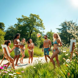 A scenic outdoor setting featuring a diverse family enjoying nature, all appearing relaxed and comfortable in their nudist lifestyle