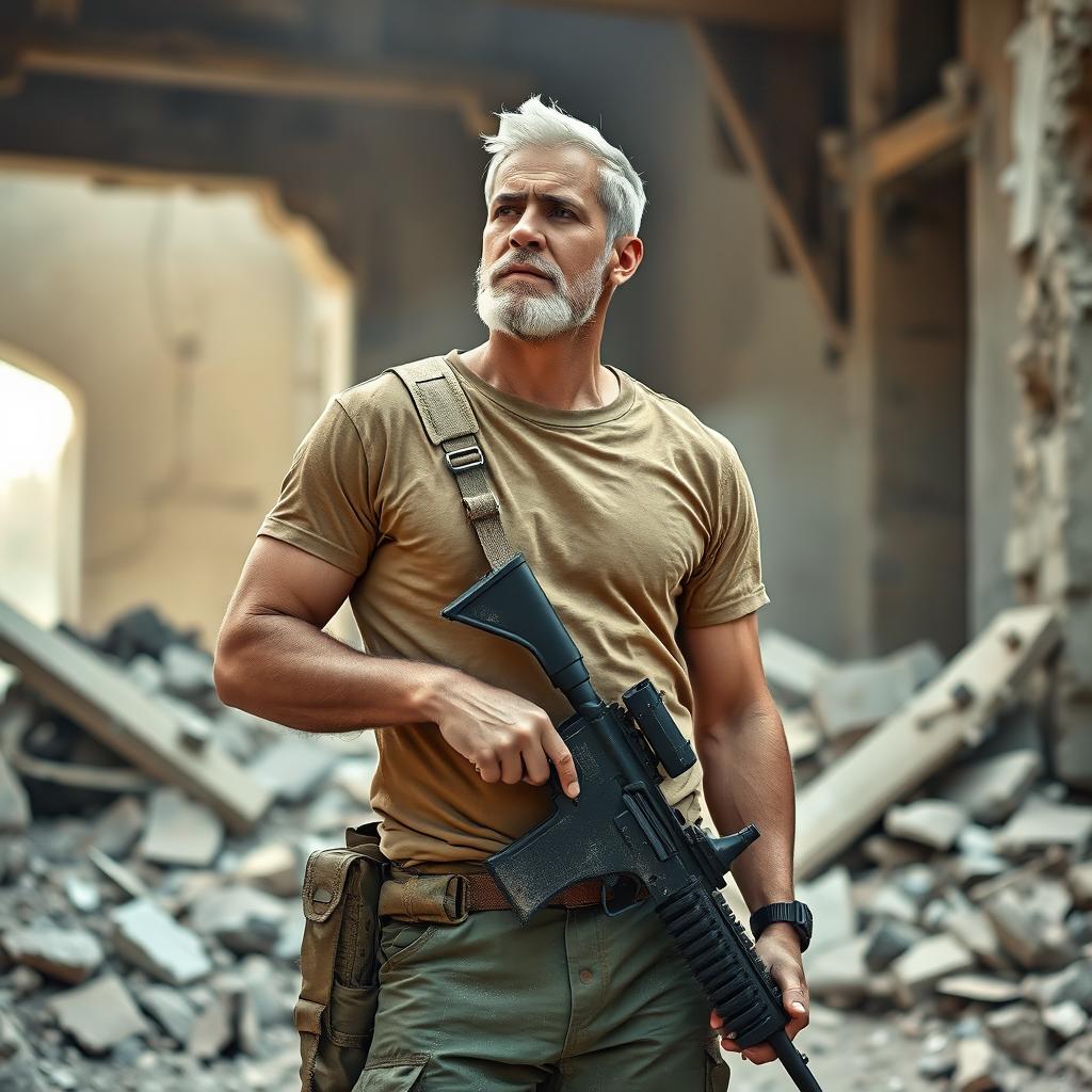 A tall and thin soldier wearing a light brown t-shirt and military uniform, with a wristwatch on his arm