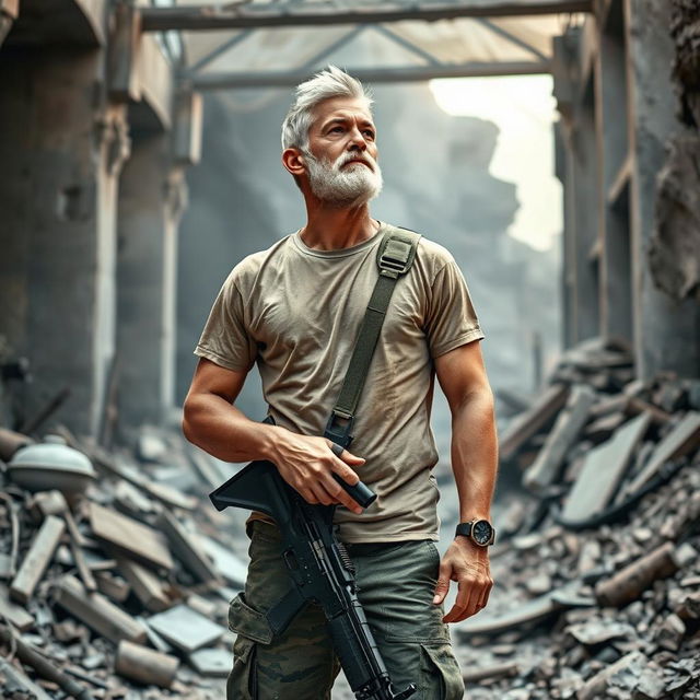 A tall and thin soldier wearing a light brown t-shirt and military uniform, with a wristwatch on his arm