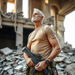 A tall and thin soldier wearing a light brown t-shirt and military uniform, with a wristwatch on his arm