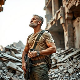 A tall and thin soldier wearing a light brown t-shirt and military uniform, with a wristwatch on his arm