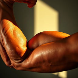 A highly detailed close-up of a muscular arm flexing, showcasing defined biceps and triceps