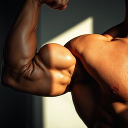 A highly detailed close-up of a muscular arm flexing, showcasing defined biceps and triceps