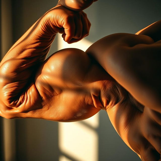 A highly detailed close-up of a muscular arm flexing, showcasing defined biceps and triceps