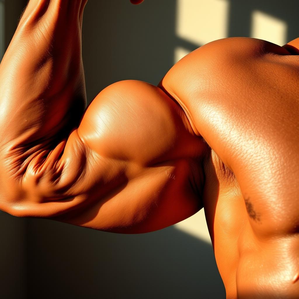 A highly detailed close-up of a muscular arm flexing, showcasing defined biceps and triceps