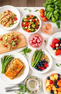 A beautifully arranged table set with various healthy recipes showcasing colorful and nutritious meals for every day, including a vibrant quinoa salad with cherry tomatoes, cucumber, and lemon dressing, a hearty vegetable stir-fry with broccoli, bell peppers, and carrots, baked salmon with herbs served with brown rice and asparagus, and a refreshing fruit salad with blueberries, strawberries, and melon