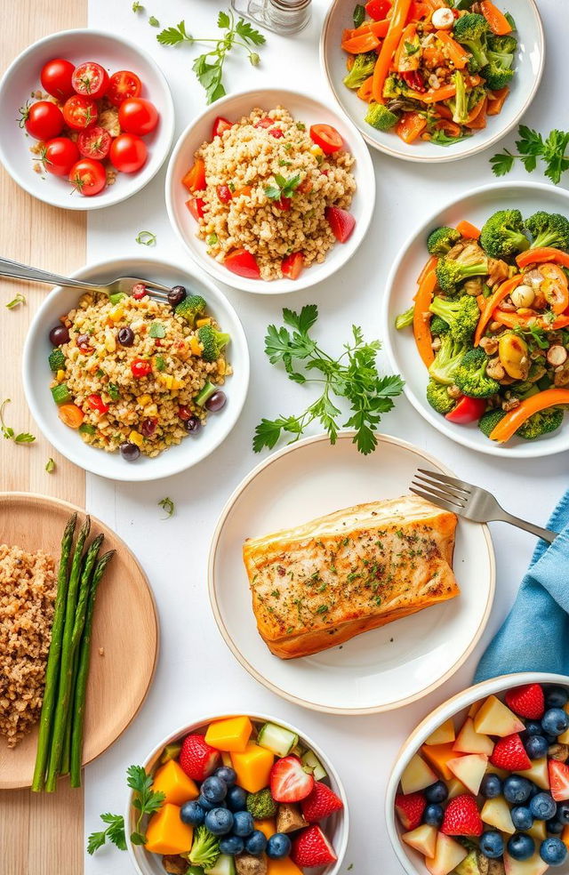 A beautifully arranged table set with various healthy recipes showcasing colorful and nutritious meals for every day, including a vibrant quinoa salad with cherry tomatoes, cucumber, and lemon dressing, a hearty vegetable stir-fry with broccoli, bell peppers, and carrots, baked salmon with herbs served with brown rice and asparagus, and a refreshing fruit salad with blueberries, strawberries, and melon