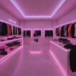 The interior of a chic boutique, bathed in the glow of various neon lights that accentuate the merchandise and give the room a modern, electrifying look.